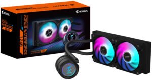 GIGABYTE AORUS FORCE II 240 Liquid CPU Cooler, 240mm Radiator, 2x 120mm aRGB Fans, 2300 RPM Fan Speed, 64.95 CFM Airflow, HDB Type, Copper Block Material, Black