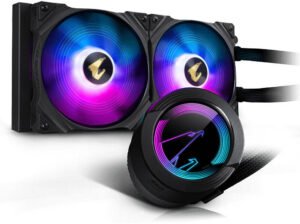 GIGABYTE AORUS WATERFORCE 280 Liquid CPU Cooler, 280mm Radiator, 2x 140mm ARGB Fans, 2150 RPM Fan Speed, 83.83 CFM Fan Airflow, Sleeve (Graphene Nano Lubricant) Bearing Type
