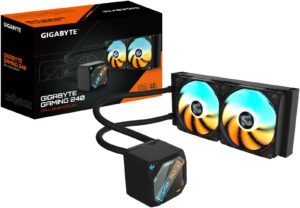 GIGABYTE GAMING 240 CPU Cooler, 2x 120mm ARGB Fan, 2200 RPM Fan Speed, 61.61 CFM Fan AirFlow, 2 Ball Bearing Type, Aluminum Radiator, Copper Block, Black