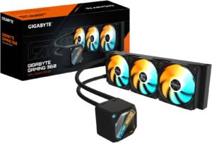 GIGABYTE Gaming 360 Liquid CPU Cooler, 360mm Radiator, 3x 120mm ARGB Fan, 2200 RPM Fan Speed, 61.61 CFM Max Airflow, FEP Tube with Nylon Sleeve Material, Black