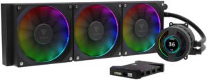 Gamdias Chione P3-360U Liquid Cooler, IPS LCD Display, PNG/GIF/JPG Background, 360mm Radiator, Copper Base Plate, 2000 RPM Fan Speed, 69.01 CFM Air Flow, Hydraulic Bearing, Black
