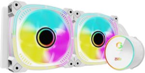 GameOn Kraken A380 240mm Liquid CPU Cooler, 2x 120mm RGB Fans, 600 - 1800 RPM Fan Speed, Rifle Bearing, Temperature Display, Aluminum Material, White