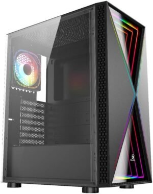 GamerTek Vega Mid Tower Computer Case, 1x 120mm aRGB Pre-Installed Fan, Up to 240mm Radiator, 6x Fan Support, 2x USB 1.1, 1x USB 3.0, HD Audio, Black