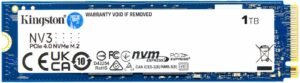 Kingston NV3 PCIe 4.0 NVMe Internal SSD, 1TB Capacity, M.2 2280 Form Factor, 6000 MB/s Sequential Read & 4000 MB/s Sequential Write Speed, 3D NAND Technology, 320 TBW Endurance