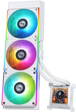 Lian-Li HydroShift LCD 360R AIO Liquid CPU Cooler, 360mm Radiator, 2.88" IPS Display, 3800 RPM Pump Speed, 2400 RPM Fan Speed, 79.9 CFM Airflow, FBD Bearing Type, White
