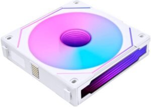 Lian Li SL-Infinity 120 Reverse Blade UNI Fan, PBT + PC + Aluminum Materials, 63.6CFM Airflow, Fluid Dynamic Bearing, 2100RPM Fan Speed, Daisy-Chain Design, Single Pack, White