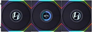 Lian Li Uni Fan TL 120 Case Fan, 1.6" LCD, 120mm Fan Size, 1900 RPM Fan Speed, 62 CFM Airflow, PA66 / PBT Materials, Fluid Dynamic Bearing, Triple Pack, W/ Controller, Black