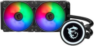 MSI MAG CORELIQUID B240 AIO CPU Liquid Cooler, 240mm Radiator, FDB Bearing 2 x 120mm ARGB Fans, 2000 RPM Fan Speed, 78.73 CFM Airflow, Copper Cold Plate, LGA 1700 / AM5, Blac