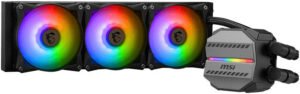 MSI MAG CORELIQUID M360 AIO Liquid Cooler, 360mm Radiator, 78.73 CFM, 2000 RPM Fan Speed, 3 x ARGB 120mm Fans, Two Ball Bearing, Elevated Cooper Plate, Reinforced Tubing, Black