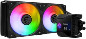 MSI MPG CORELIQUID D240 AIO Liquid Cooler With 2.4” IPS Display, 240mm Radiator, 2 x MSI Torx ARGB & PWM Controlled Fan, 2800 RPM, 77.4 CFM, Two Ball Bearing, Reinforced Tubing, Black