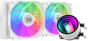Redragon CCW-3011 aRGB Liquid CPU Cooler, 240mm Radiator, 2x 120mm Fans with PWM Control, Aluminum Heatsink, Copper Heatpipe, 73.60CFM Airflow, 1800RPM Fan Speed, White