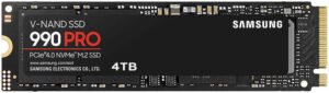 SAMSUNG 990 PRO 4TB NVMe M.2 Internal SSD, PCIe Gen 4.0 x4, NVMe 1.3 Interface, 7450 MB/s Sequential Read Speed, 6900 MB/s Sequential Write Speed, 3.3V Voltage, V-NAND 3-bit MLC
