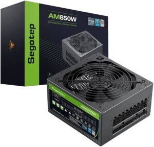 Segotep AM850W Fully Modular Power Supply, 850W Power Output, 80 Plus Efficiency, 140mm Double Ball Bearing Fan, E-Charge Smart Design, Active PFC, PCIe 5.0 Interface Support, Black