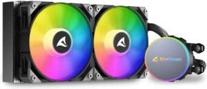 Sharkoon S70 RGB 240mm AIO Liquid CPU Cooler, 120mm Addressable RGB PWM Fans, 600 ~ 2,000 rpm Fan Speed, 77.7 CFM Airflow, 12x Addressable RGB LED, LGA 1700 / AM5, Black