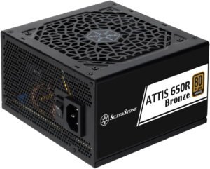 SilverStone ATTIS 650R Non-Modular Power Supply, 650W Power, 80 Plus Bronze, Silent 120mm Fan, Active PFC, Multi-Protection, ATX Form Factor, Japanese Primary Capacitor, Black