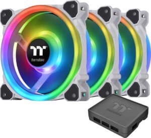 Thermaltake Riing Trio 12 TT Premium Edition Radiator PWM Fan, 30 Single LEDs, Patented RGB, 1200mm Fan Size, 500-1500 RPM Speed, 41.13 CFM Max Airflow, 3 Pack, White