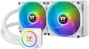 Thermaltake TH240 ARGB Sync Snow Edition AIO Liquid Cooler, 3300RPM Pump Motor Speed, 1500RPM Fan Speed, Copper Water Block, Rubber Tube, White