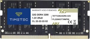 Timetec Premium DDR4 SODIMM Laptop Memory, 32GB Memory Capacity, 3200MHz Speed, CL22 CAS Latency, 25,600 MB/s Data Transfer Bandwidth, 1.2 Voltage, Unbuffered, Non-EC