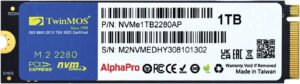 TwinMOS AlphaPro PCIe NVMe Gen 3.0x4 SSD, 1TB Capacity, M.2 2280 Form Factor, Up to 3600 MB/s Read & 3250 MB/s Write, TLC 3D NAND, 1000TB Endurance, Black