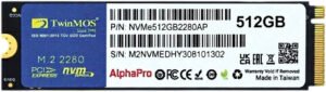 TwinMOS AlphaPro PCIe NVMe Gen 3.0x4 SSD, 512B Capacity, M.2 2280 Form Factor, Up to 3600 MB/s Read & 3250 MB/s Write, TLC 3D NAND, 1000TB Endurance, Black