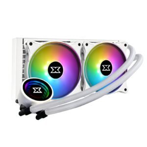 XigmaTek Aurora Arctic 240 Illuminated Pump Head, 2xAT120 Fan, Metal Backplate AIO Liquid Cooler - White