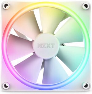 NZXT F120 RGB Duo Singe Pack Computer Fan, Plastic+Rubber+PCB Materials, Fluid Dynamic Bearing, Dual-Sided Lighting, 4-Pin PWM Connector, 1800 RPM Fan Speed, 48.58 CFM Airflow, White