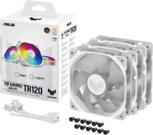 ASUS TUF Gaming TR120 ARGB Standarad Blade Fan, 120mm Fans, Up to 2000 rpm Fan Speed, 77.4 CFM Airflow, Aura Sync Compatiblity, PWM Control, Tripple Pack, White
