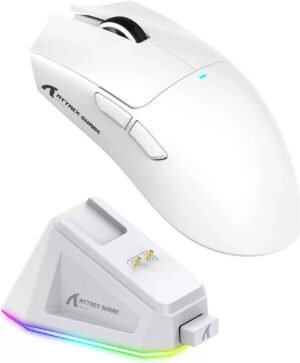Attack Shark X11 Wireless Gaming Mouse, 22000 DPI, 5 Programmable Buttons, PAW3311 Optical Sensor, Broadcoms Main Control Chip, RGB Charging Dock, Tri-Mode-Wired/2.4G/BT, White