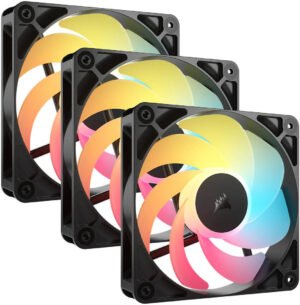 Corsair RS120-R ARGB 120mm PWM Reverse Fans, 65.82 CFM Fan Airflow, Magnetic Dome Bearing Type, Static Pressure Flow Type, Triple Pack, Black