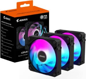 GIGABYTE AORUS EZ CHAIN FAN 120 ICE Case Fan, 120mm, 2000 RPM Fan Speed, 60 CFM Fan Airflow, Hydro-Dynamic Bearing Type, Pack of 3, Black
