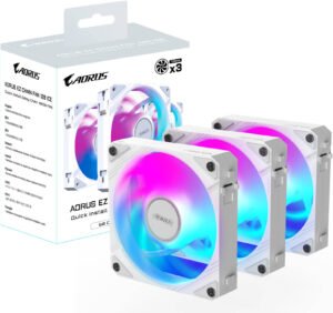 GIGABYTE AORUS EZ CHAIN FAN 120 ICE Case Fan, 120mm, 2000 RPM Fan Speed, 60 CFM Fan Airflow, Hydro-Dynamic Bearing Type, Pack of 3, White