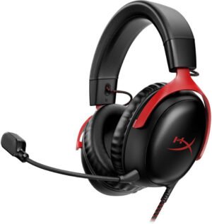 HyperX Cloud III Wired Gaming Headset, For PC / PS5 / PS4 / Xbox Series, Angled 53mm Drivers, Noise Cancelling, With LED Mic Mute Indicator, 10Hz-21kHz Frequency Response, Black/Red