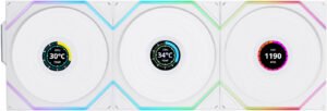 Lian-Li UNI FAN TL120 LCD Wireless Case Fan, 120mm Fan Size, 1900 RPM Fan Speed, 62 CFM Fan Airflow, Fluid Dynamic Bearing Type, PBT & PA66 Material, Pack of 3, White