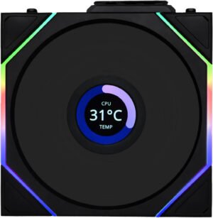 Lian-Li UNI FAN TL120 LCD Wireless Case Fan, 120mm Fan Size, 1900 RPM Fan Speed, 62 CFM Fan Airflow, Fluid Dynamic Bearing Type, PBT & PA66 Material, Singe Pack, Black