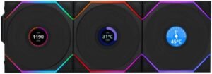 Lian Li UNI Fan TL LCD 120 Wireless, Triple Pack (Reverse Blade), 2.4 GHz Wireless Controller Included, Infinity Mirror Design, LCD Display, Controller required, Black