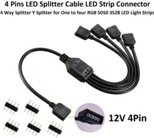12V 4 Pins LED Splitter Cable, LED Strip Connector, 4 Way Splitter Y Splitter For One To Four RGB 5050 3528 LED Light Strips With 5x Male 4 Pin Plugs, Black