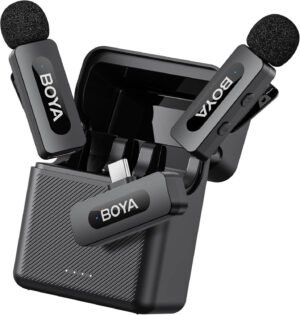 BOYA BY V30 Wireless Microphone, Dual Channel 2.4 GHz Wireless Lavalier System with USB C Receiver, 2 Clip On Transmitters with Built In Mics, Up to 100 m Range, Foam Windscreens, Black