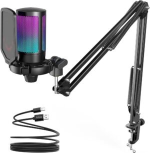 FIFINE Gaming Microphone, USB PC Mic for Streaming, Podcasts, Recording, Condenser Computer Desktop Mic on Mac/PS4/PS5, with RGB Control, Mute Touch, Headphone Jack, Pop Filter