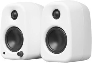 Kanto UKI Desktop Speakers, Ultra-Compact Bi Amplified Pair, Bluetooth 5.3, USB C, RCA, Auto 100Hz Sub Crossover with Sub Out, Front 3.5mm Headphone Jack, Pair, Chalk (Matte White)