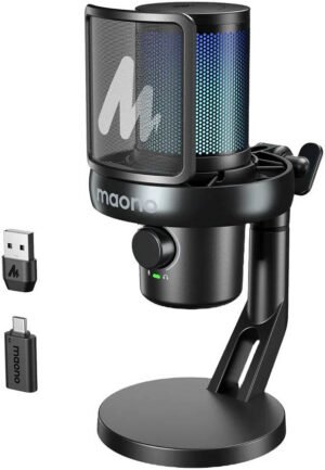 Maono DM40 Pro USB/Wireless Gaming Desktop Microphone, AI Voice Change & Effects, 4 Adjustable Noise Reduction Levels, Smart Control, 16M+ RGB Customization, Plug & Play, Black