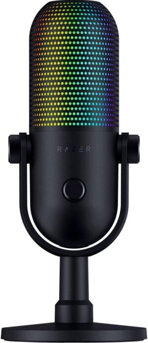 Razer Seiren V3 Chroma Condenser Microphone, 16mm Condenser Capsule, Supercardioid Polar Patterns, Multi-Function Tap-to-Mute Sensor, Type-A to Type-C USB, Black