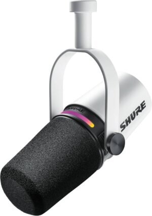 Shure MV7+ Podcast Microphone, Enhanced Audio, LED Touch Panel, USB-C & XLR Outputs, Auto Level Mode, Digital Pop Filter, Reverb Effects, Podcasting, Streaming, Recording, White