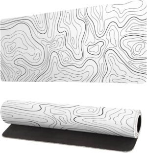 Siski Topographic Contour White Gaming Mouse Pad XL Geographic Map Lines Extended Big Large Desk Mat Non-Slip Rubber Base Stitched Edge Long Keyboard Mousepad, 31.5x11.8 Inch, Black/White