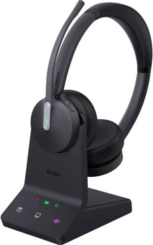 Yealink WH64 Hybrid Dual Teams Headset with Dongle, Hybrid Technology, 3-Mic Noise Cancellation, DECT & Bluetooth, Acoustic Shield 2.0 Technology, Charging Stand Included, Black